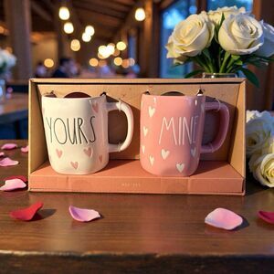 Rae Dunn Yours  Mine Mug Set Pink & White Hearts | Romantic Love Gift NEW 19 Oz